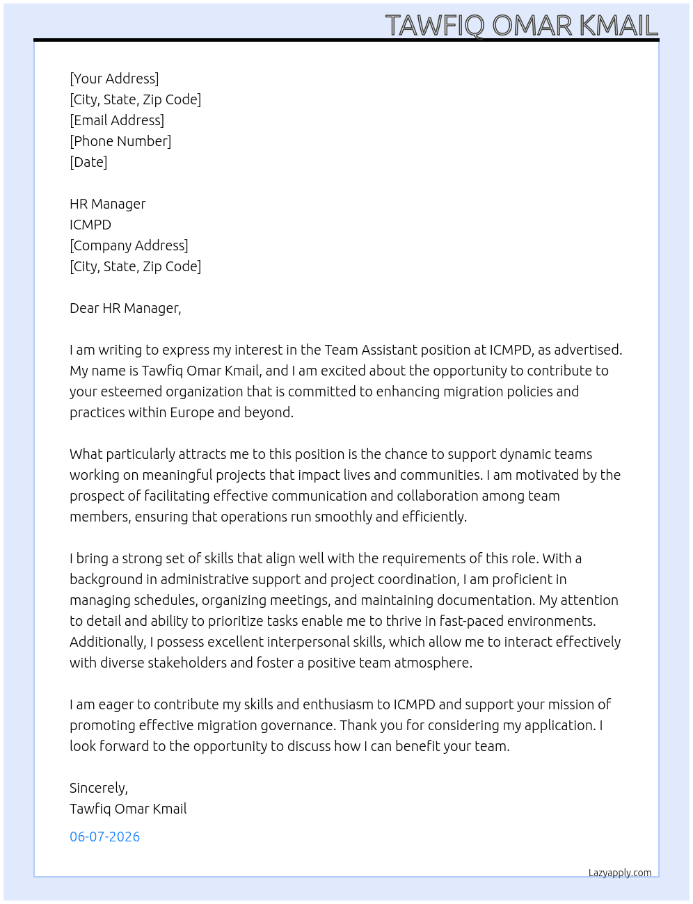 Team assistant  At ICMPD Cover Letter