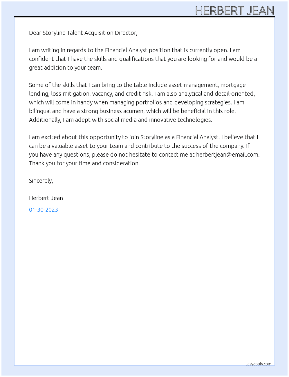 Financial Analyst At Storyline Cover Letter