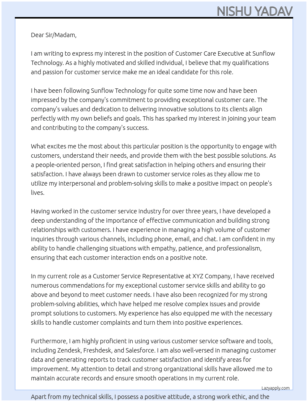 Customer Care Executive  At Sunflow technology Cover Letter
