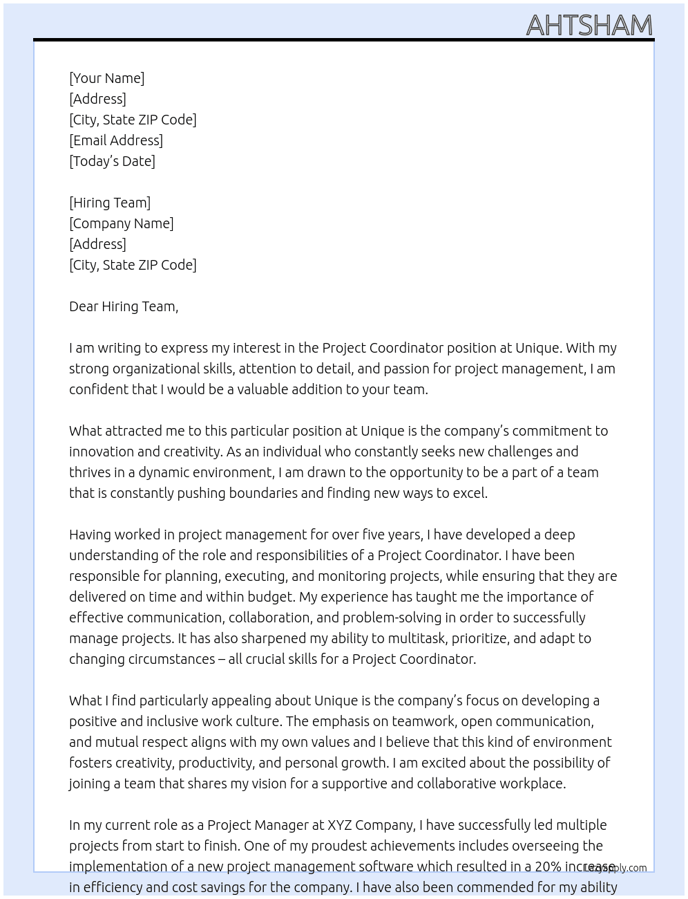 Project Coordinator At Unique Cover Letter