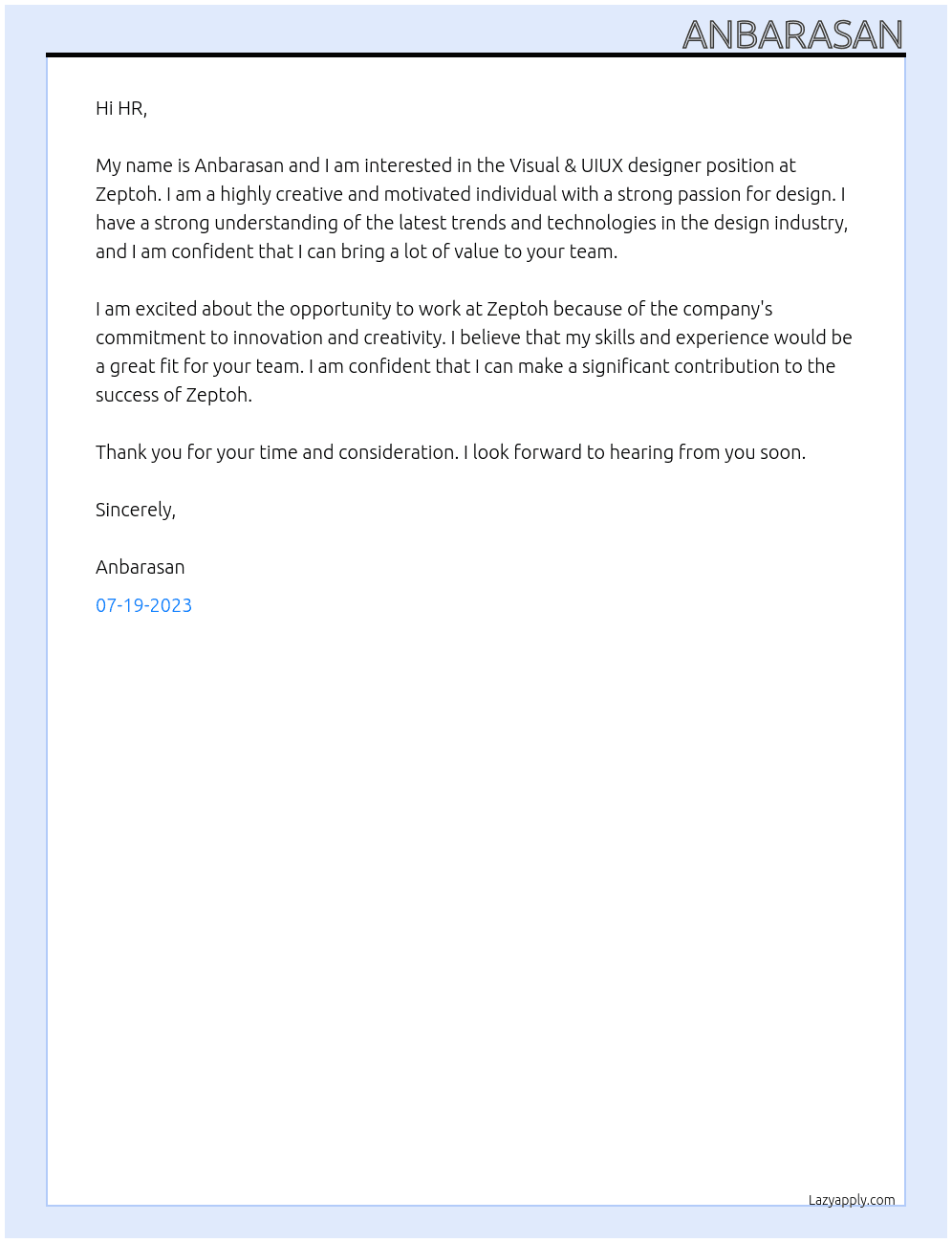 Visual & UIUX designer At Zeptoh Cover Letter