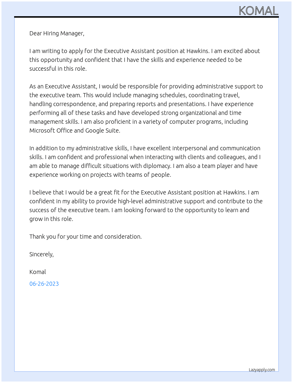 Executive Assistant  At Hawkins  Cover Letter