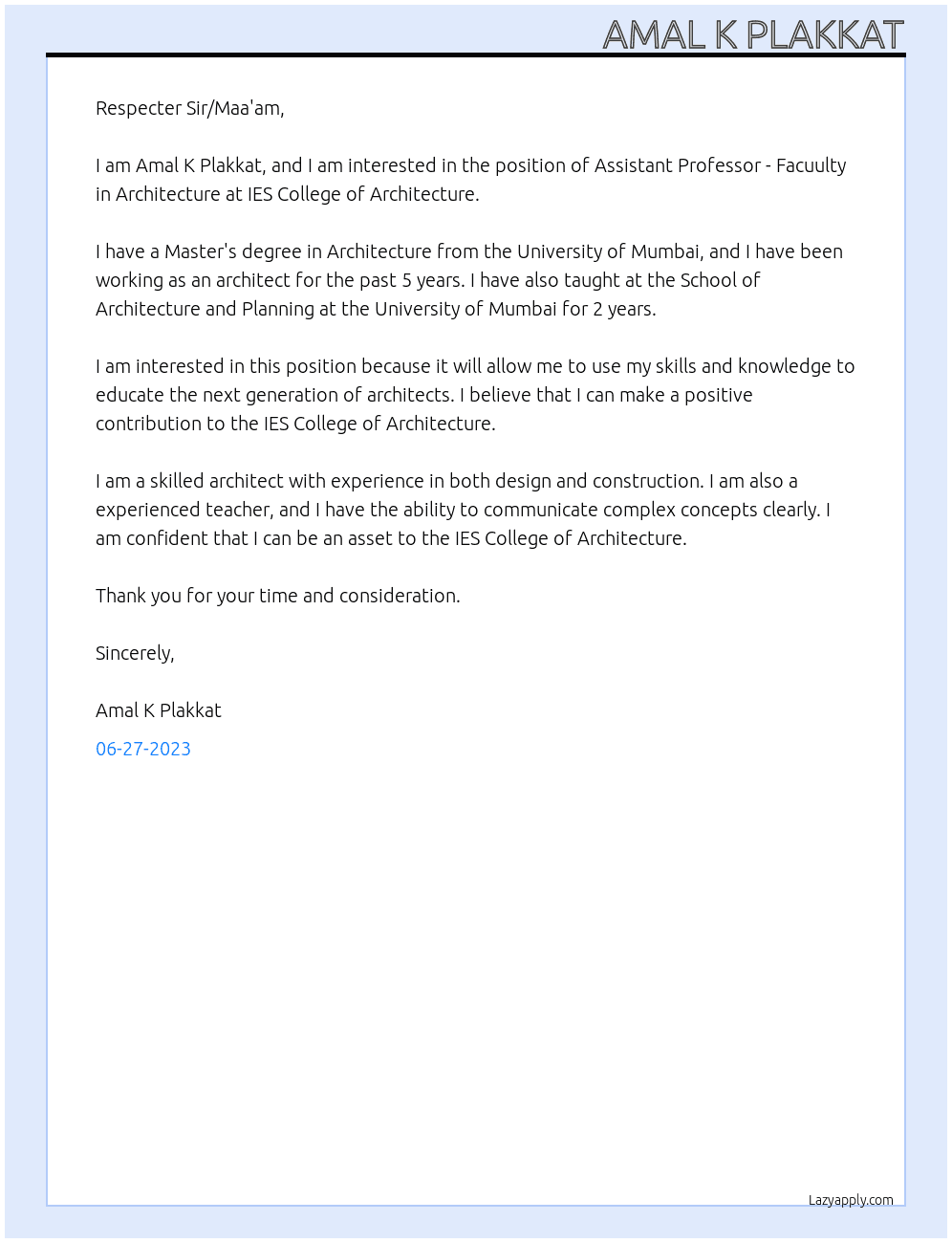Assistant Professor - Facuulty in Architecture At IES College of Architecture Cover Letter