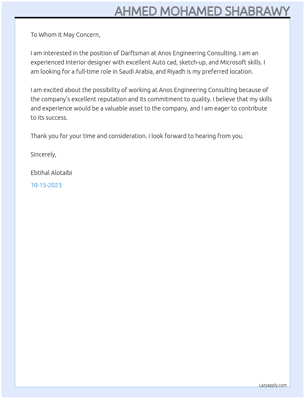 Darftsman At Anos Engineering Consulting Cover Letter
