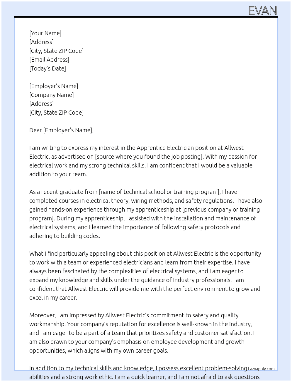 Apprentice electrician At Allwest Electric Cover Letter