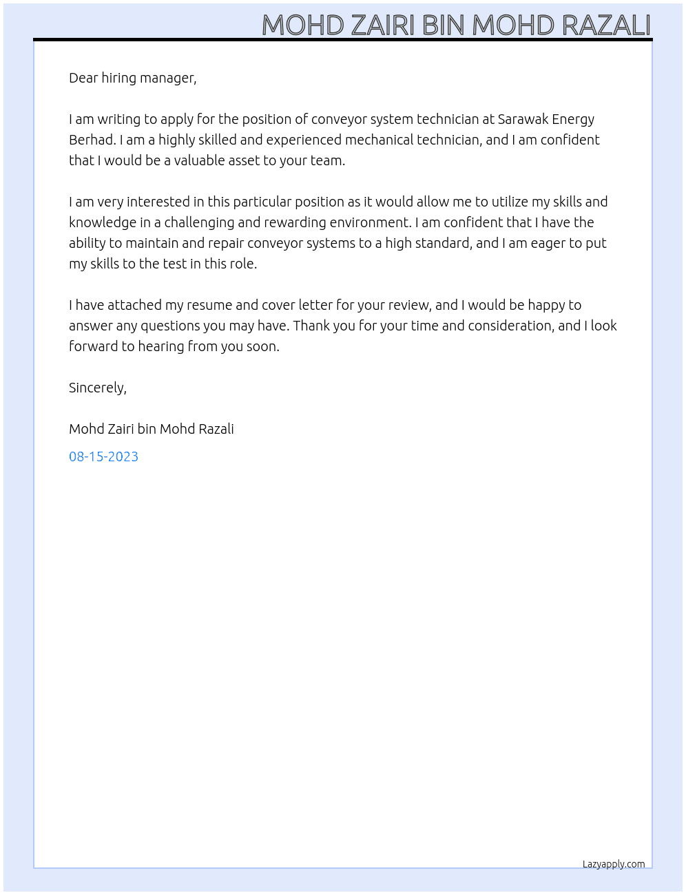 conveyor system At sarawak energy berhad Cover Letter