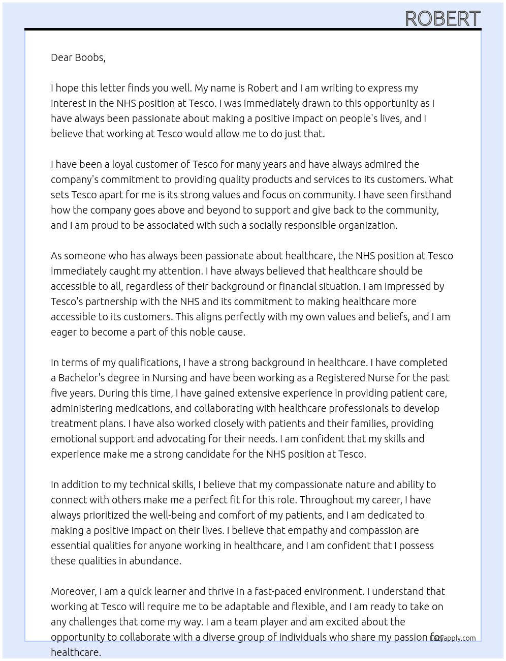 Nhs At Tesco Cover Letter