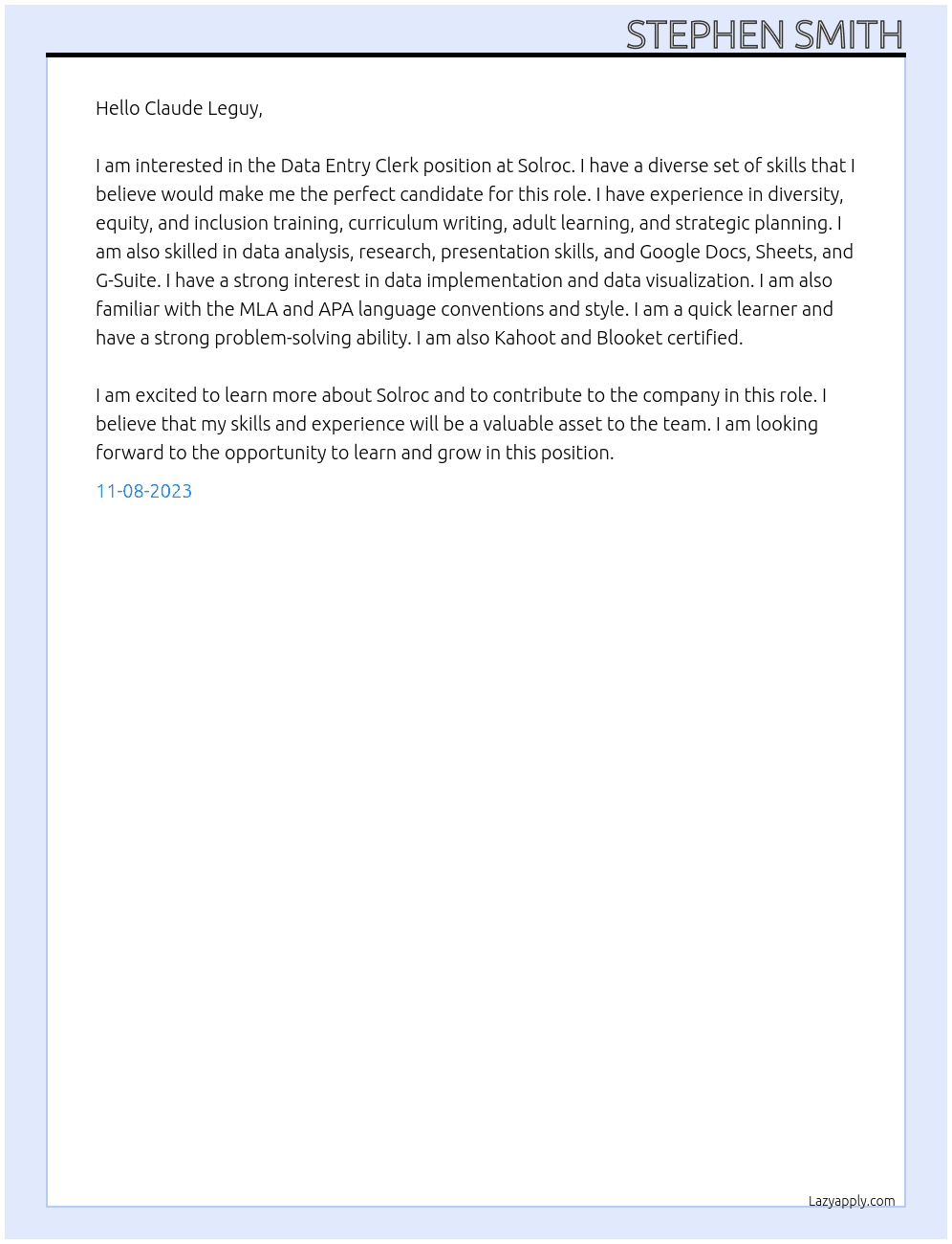 Data Entry Clerk At Solroc Cover Letter