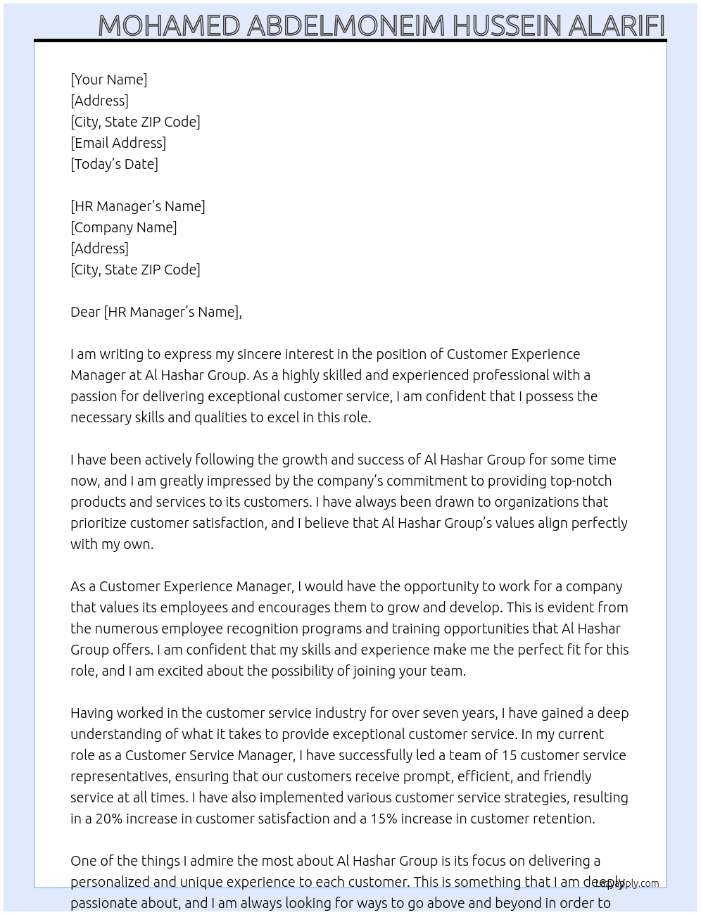 Customer Experience Manager At Al Hashar Group Cover Letter