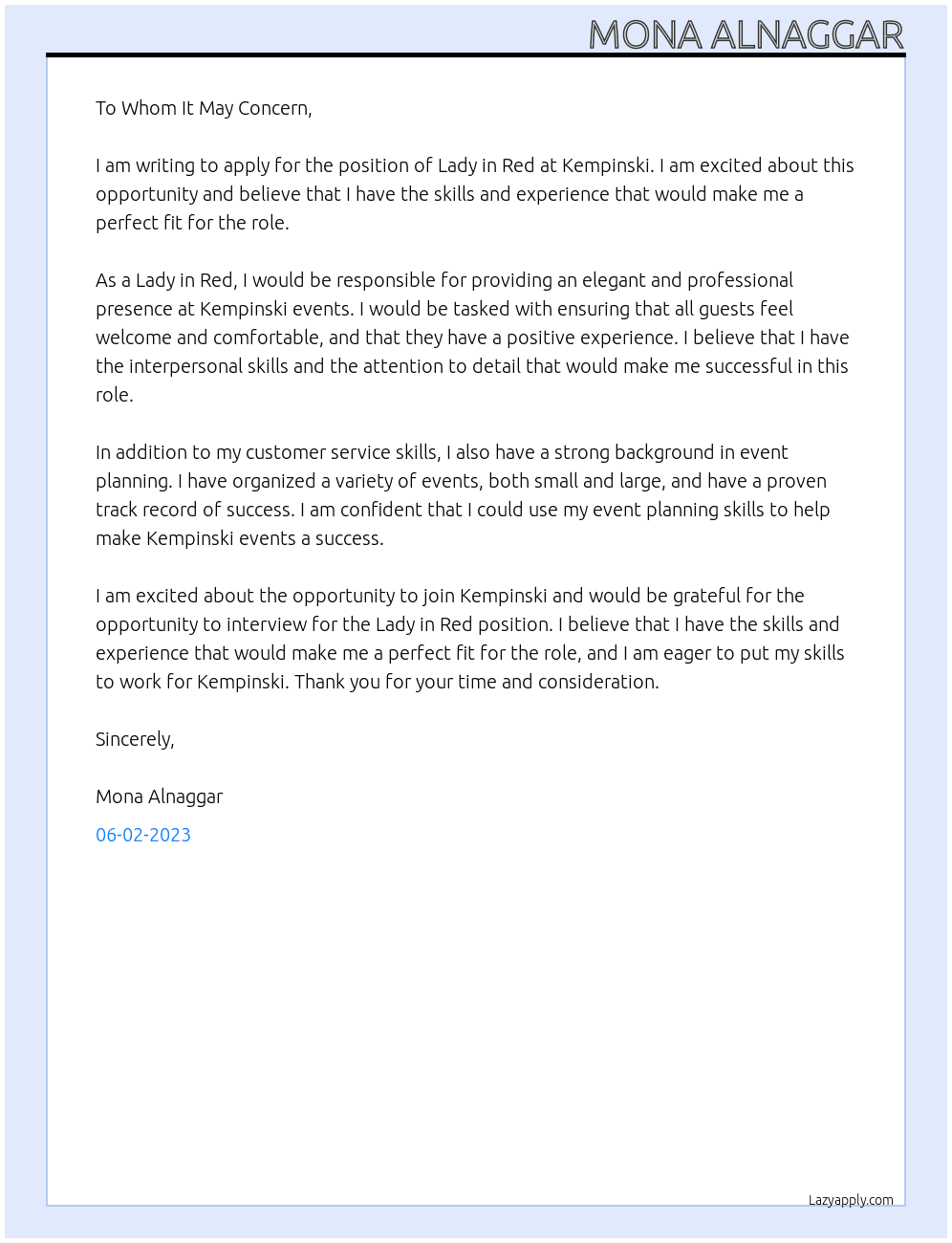 Lady in Red At Kempinski Cover Letter