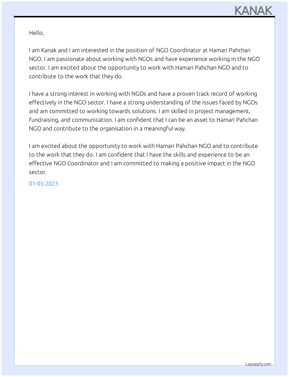 NGO Coordinator At Hamari Pahchan NGO Cover Letter
