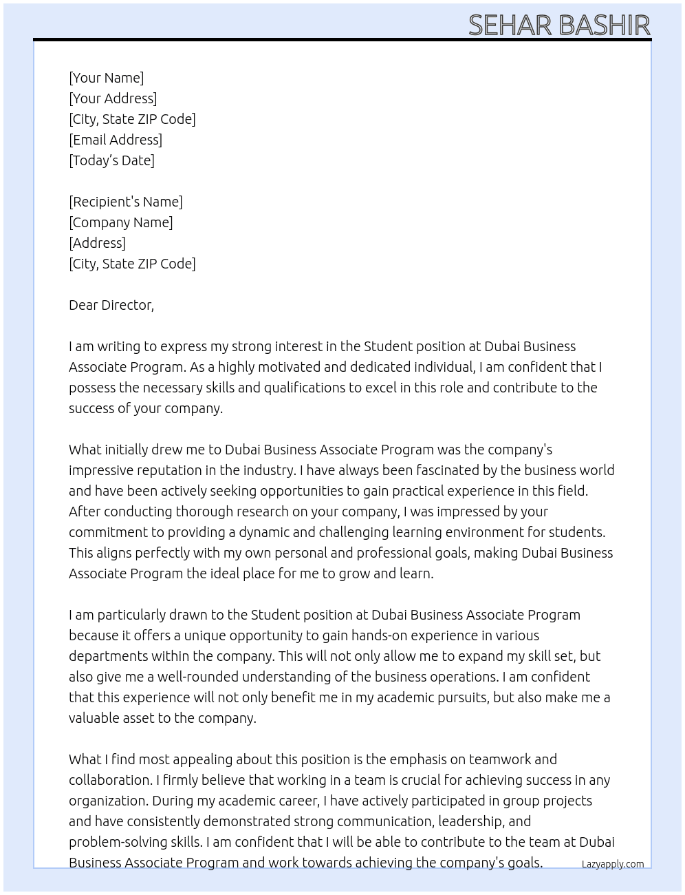 Student  At Dubai Business Associate Program Cover Letter