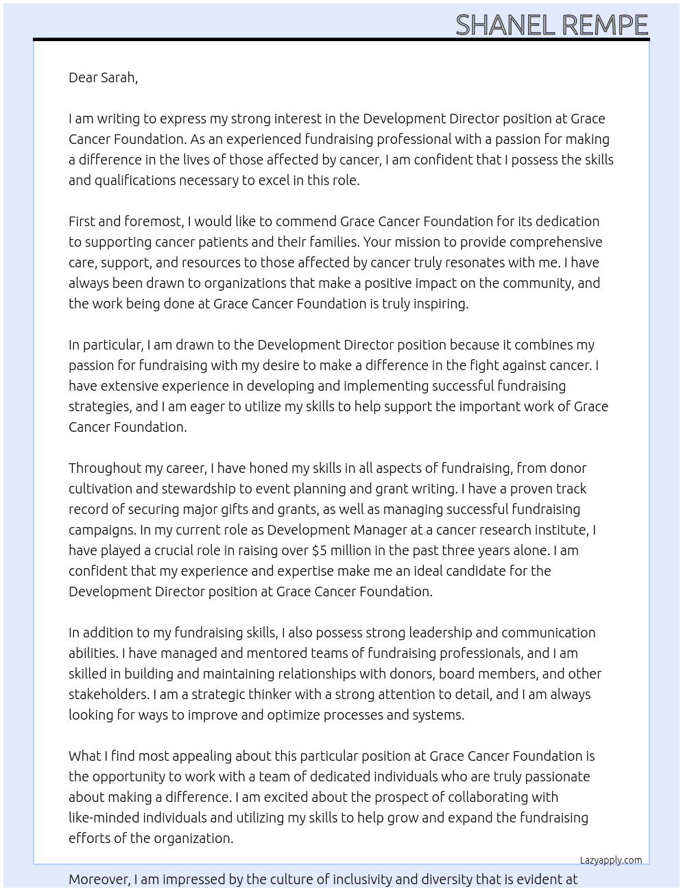 Development Director At Grace Cancer Foundation Cover Letter