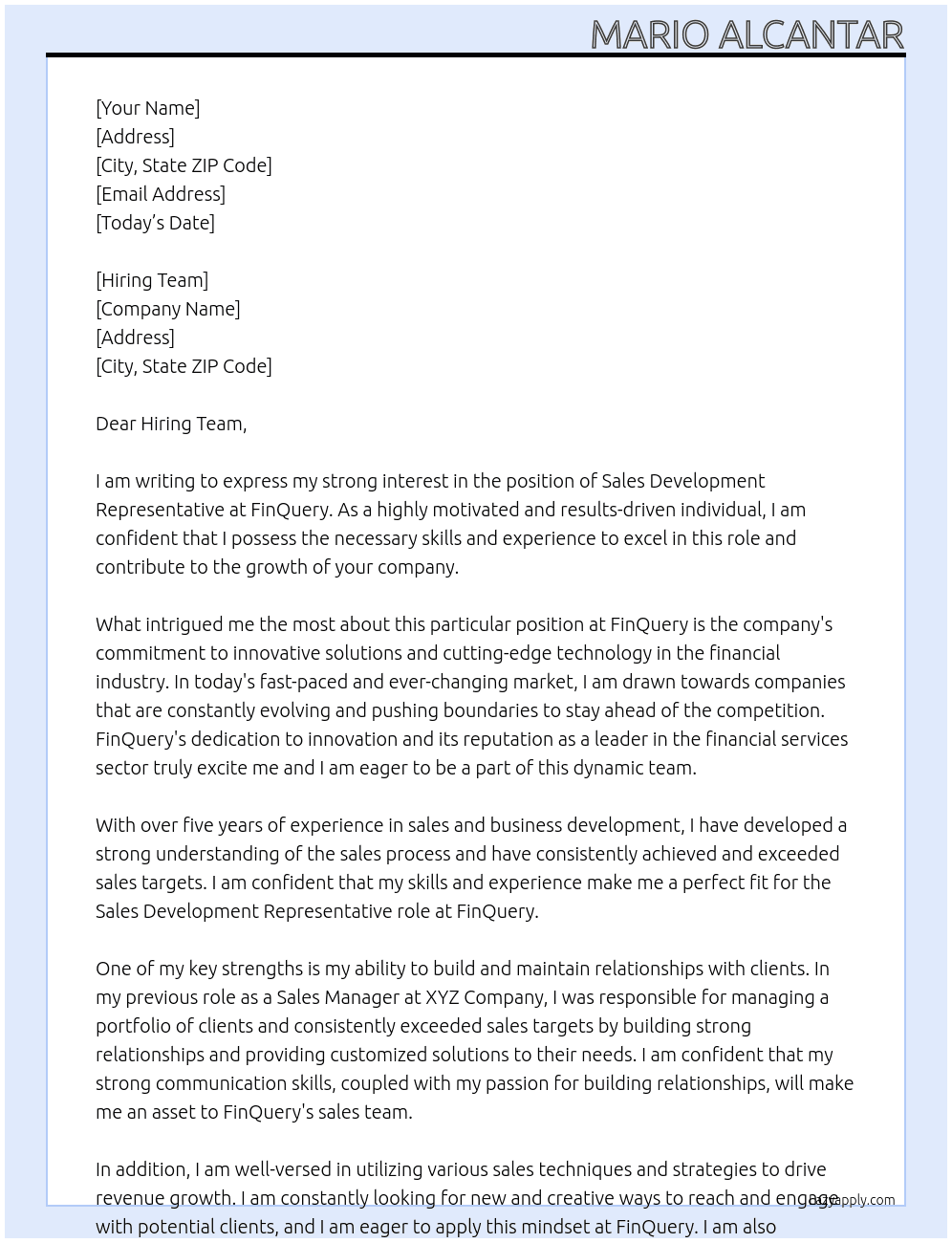 Sales Development Representative At FinQuery Cover Letter