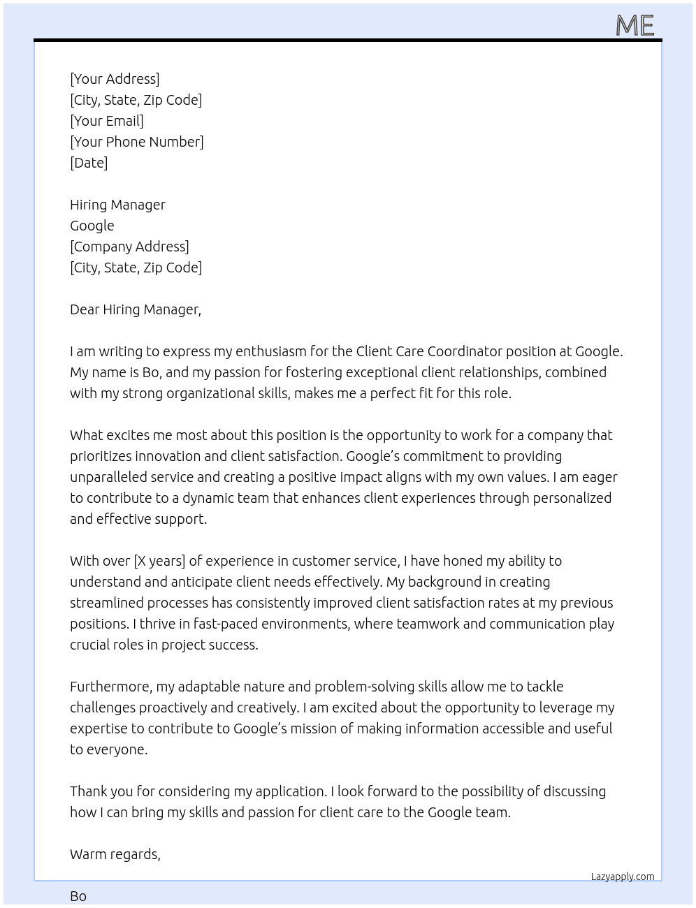 Client Care Coordinator  At Google  Cover Letter