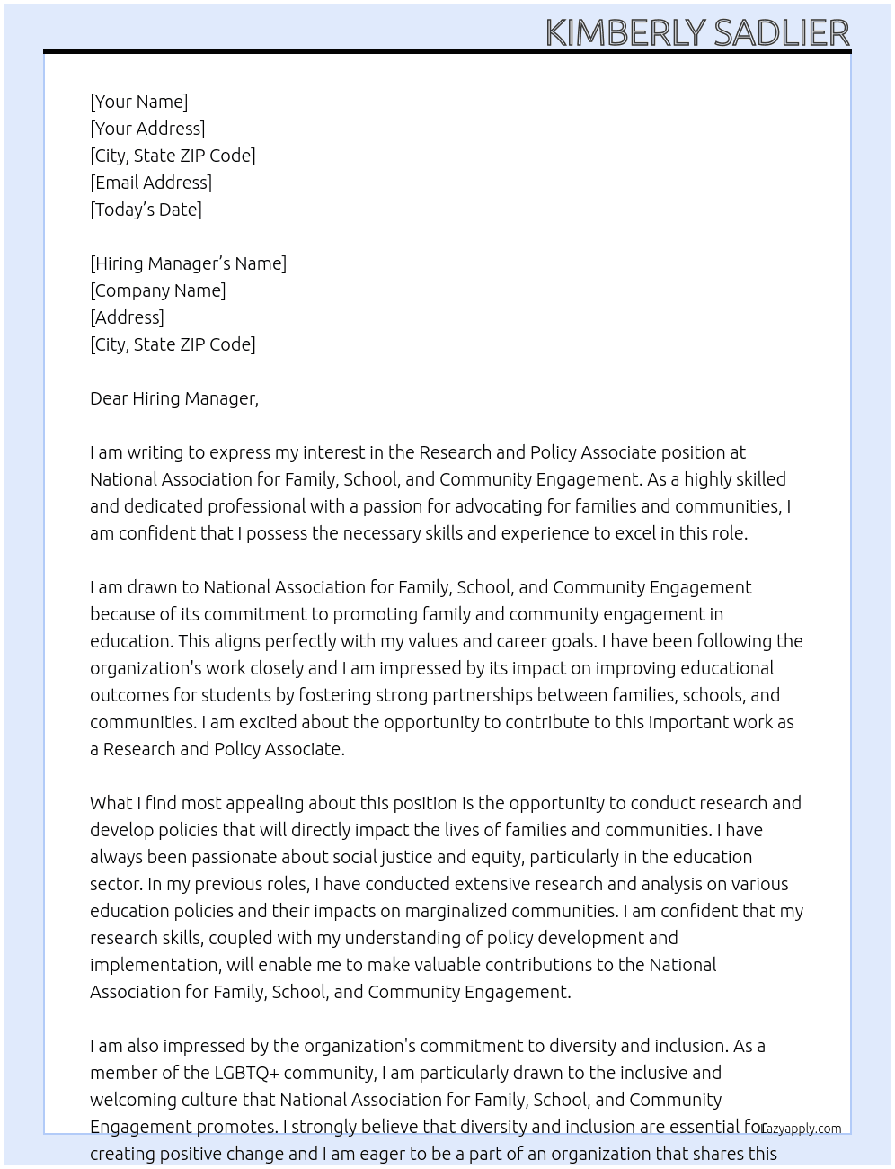 Research and Policy Associate At National Association for Family, School, and Community Engagement Cover Letter
