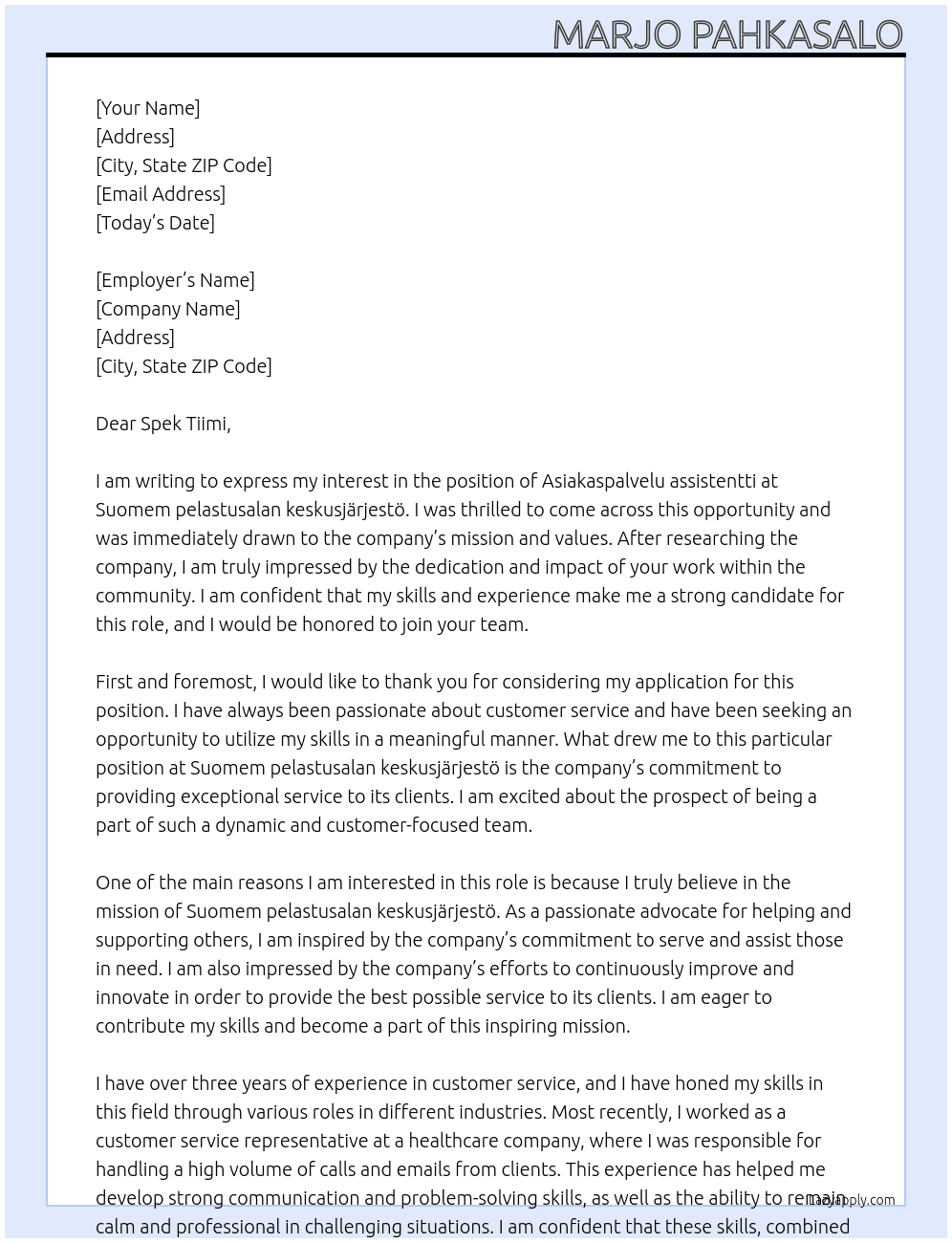 Cover letter for asiakaspalvelu assistentti - LazyApply
