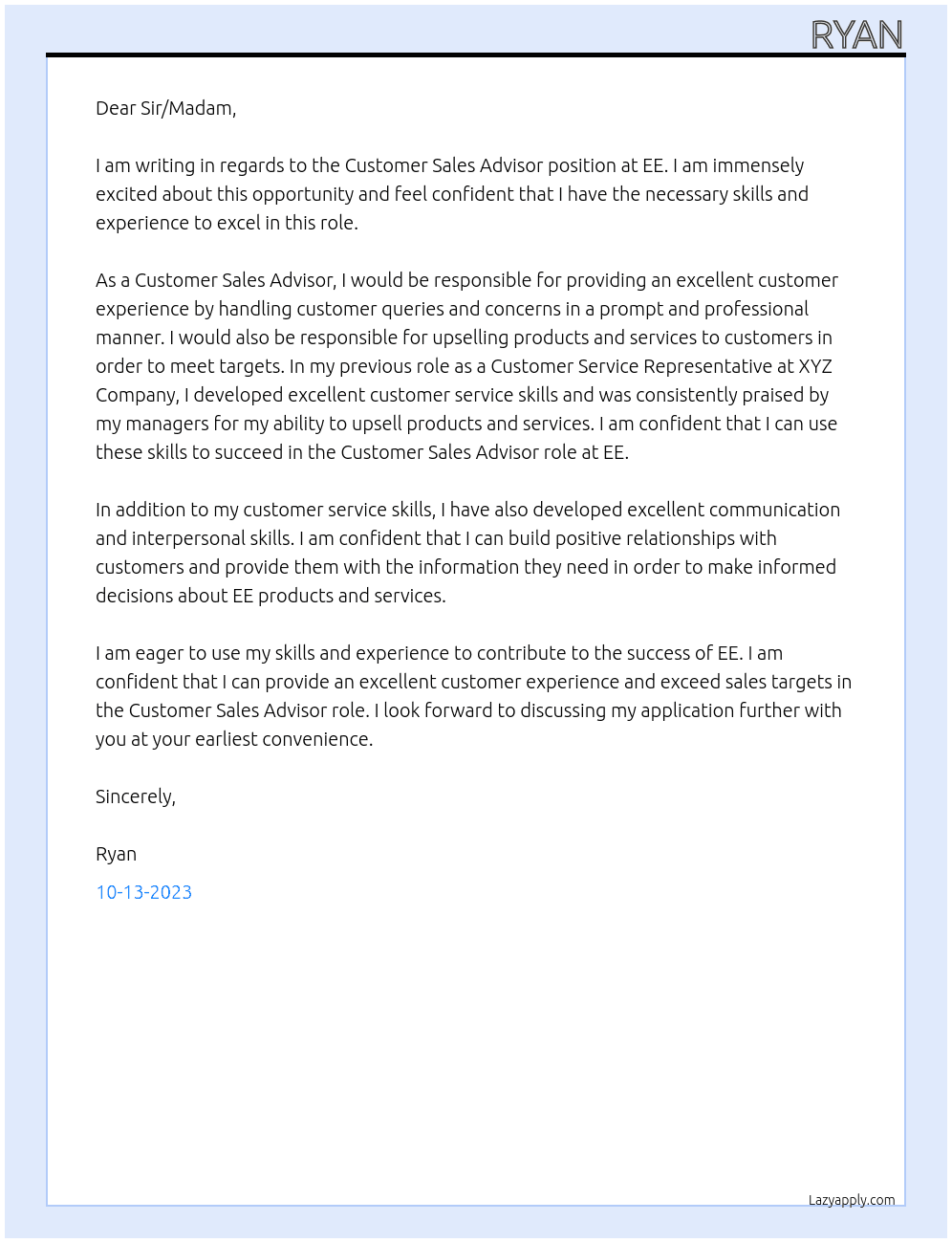 Customer Sales Advisor At EE Cover Letter