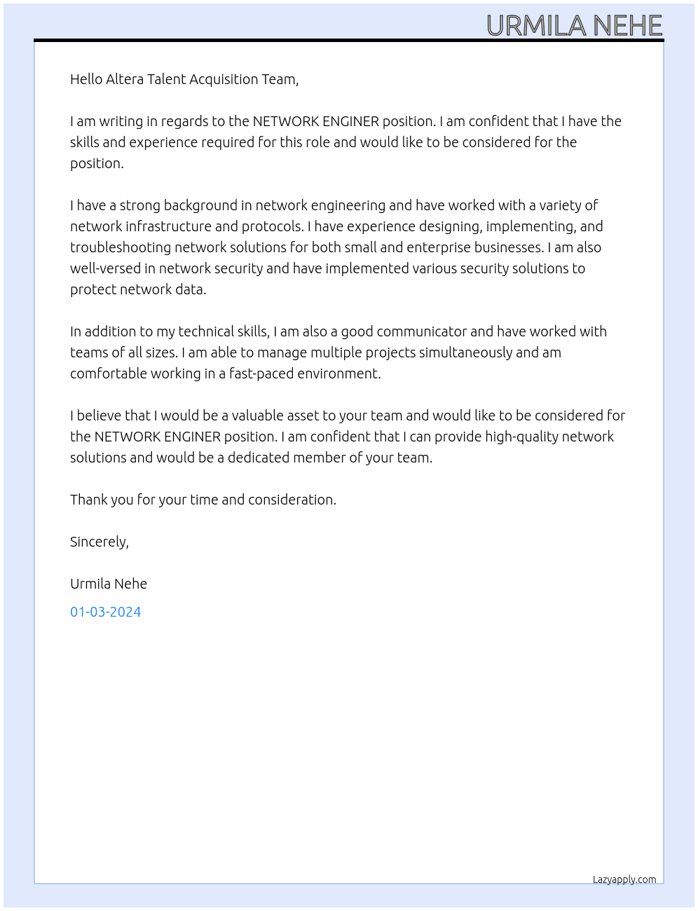 NETWORK ENGINER At Altera Cover Letter