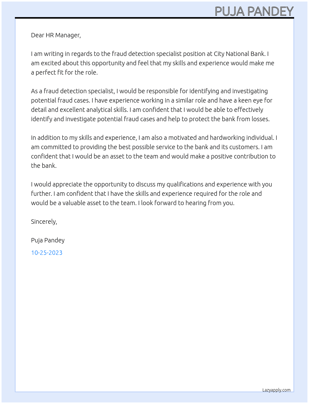 fraud detection specialist At city national bank Cover Letter