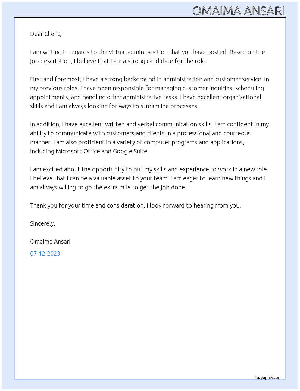 Virtual admin required At your job Cover Letter