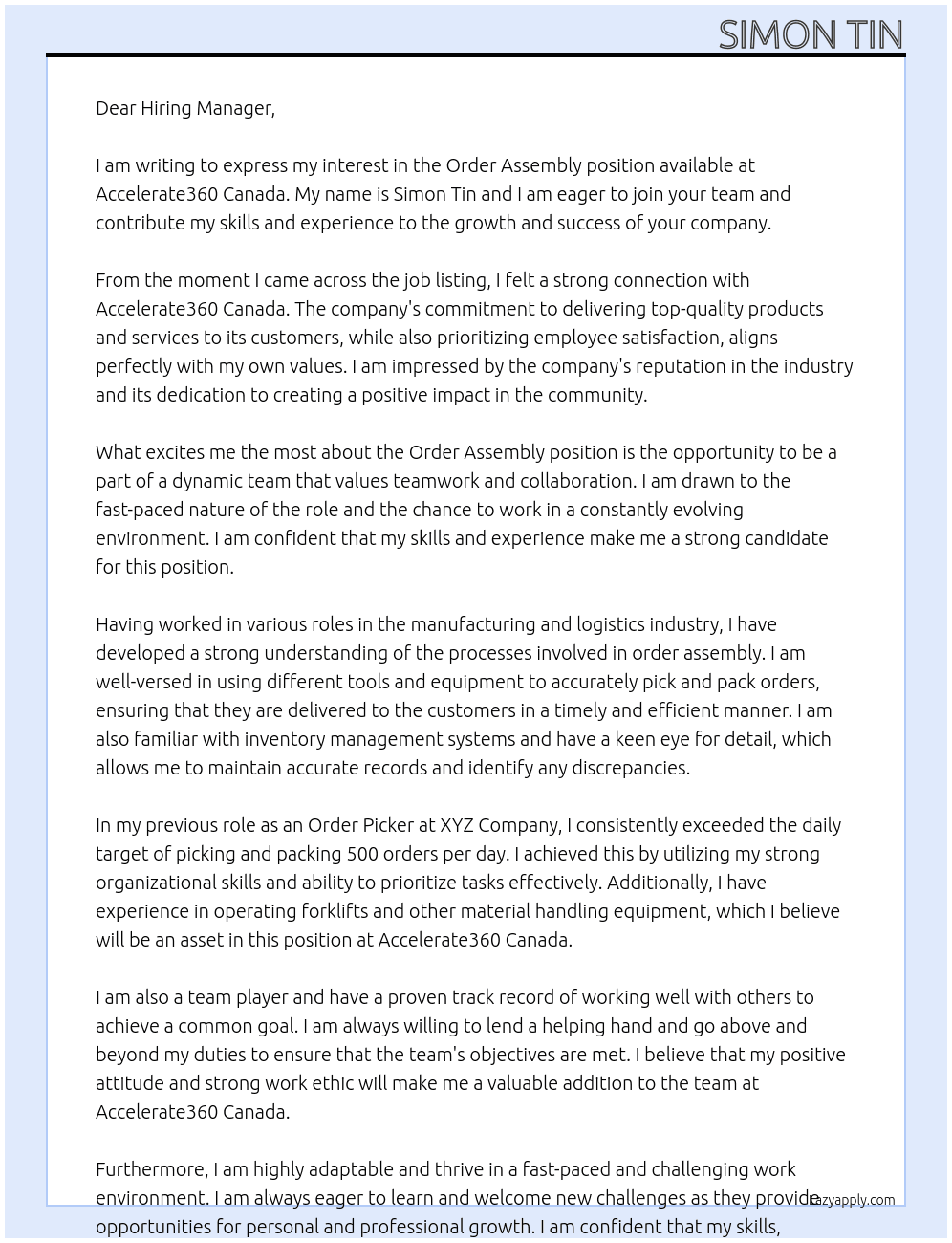 Order Assembly At Accelerate360 Canada Cover Letter
