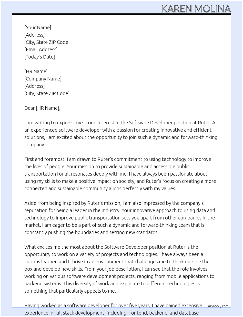 Software developer At Ruter Cover Letter