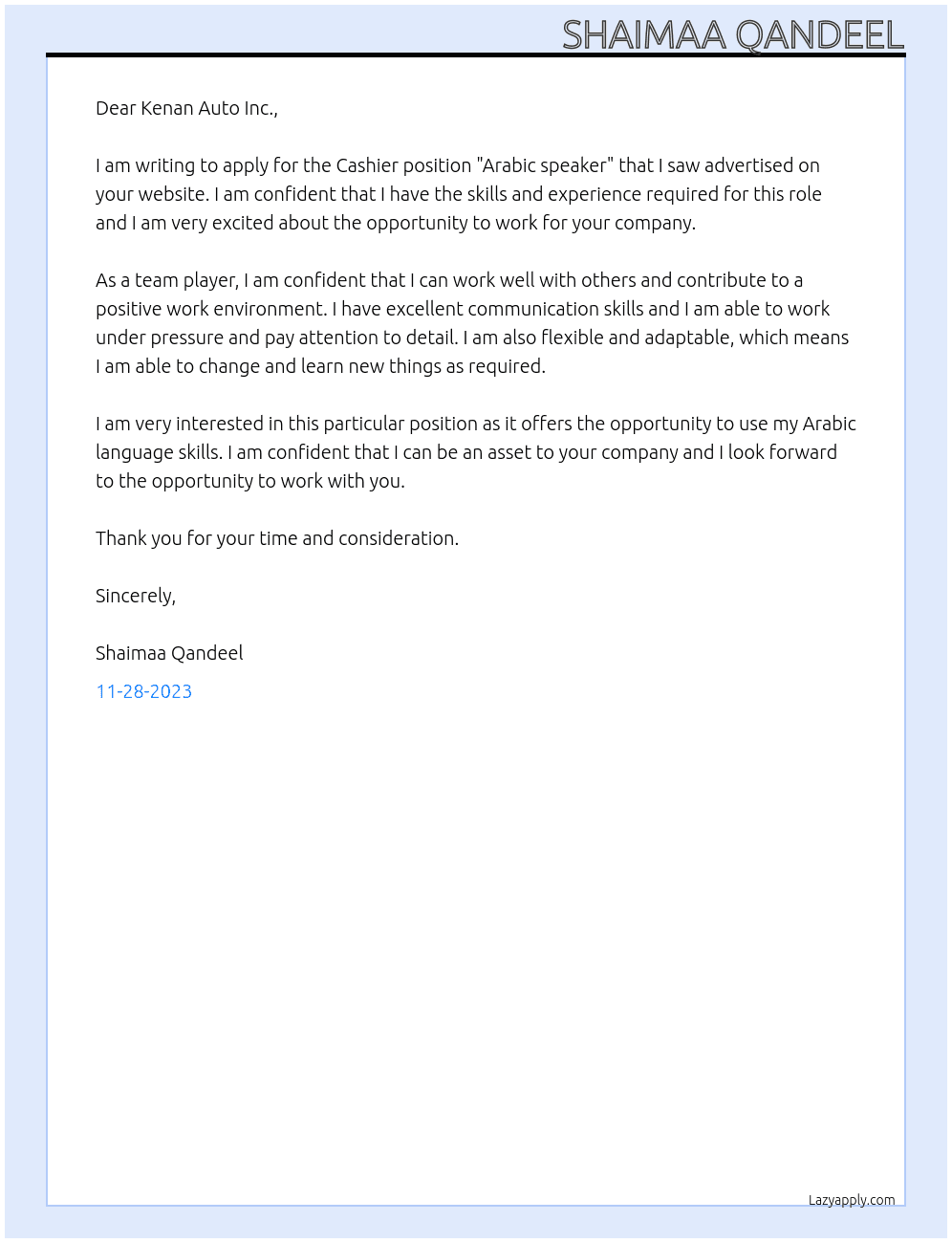 Cashier " Arabic speaker" At Kenan Auto Inc. Cover Letter