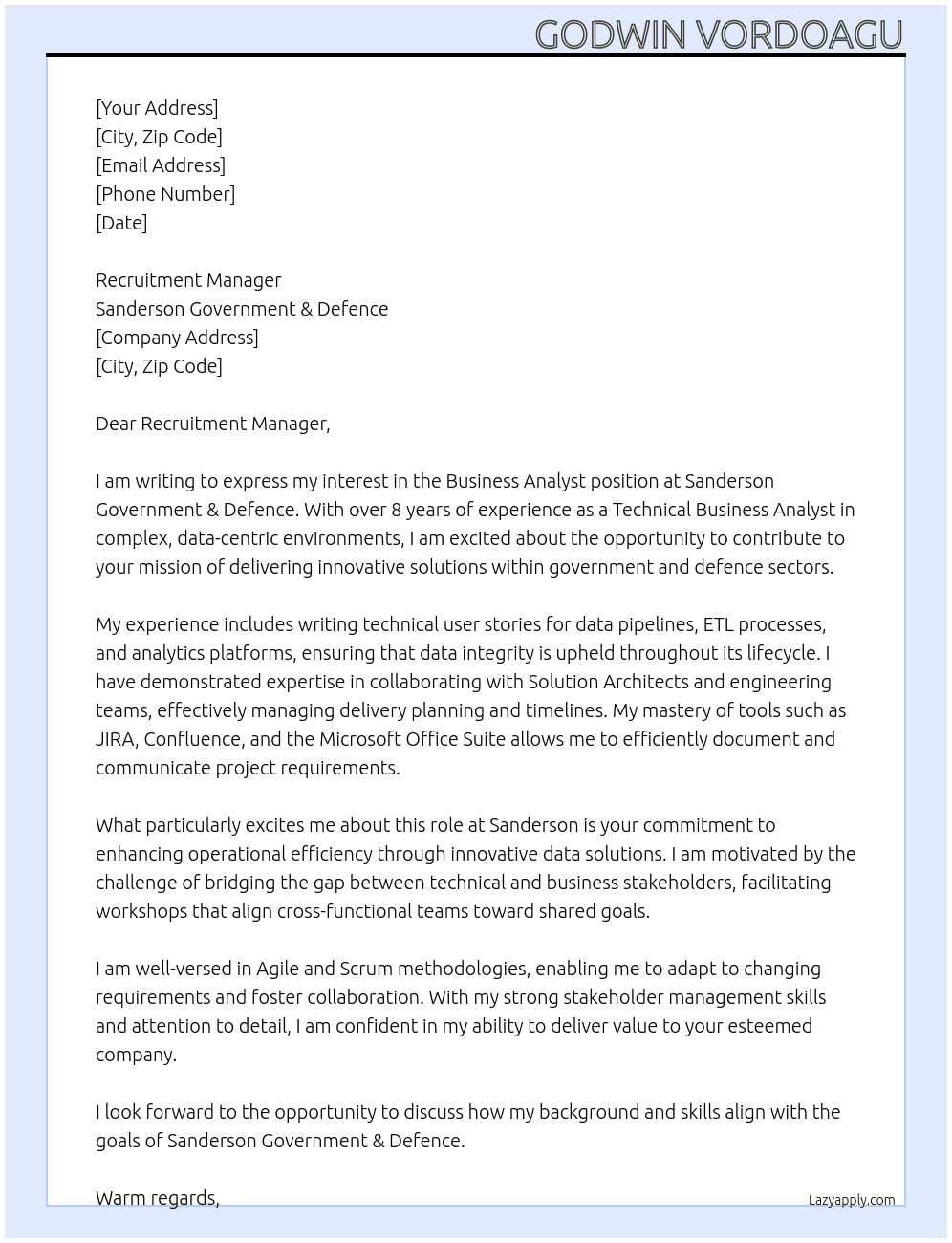 Business Analyst, SC Cleared At Sanderson Government & Defence Cover Letter