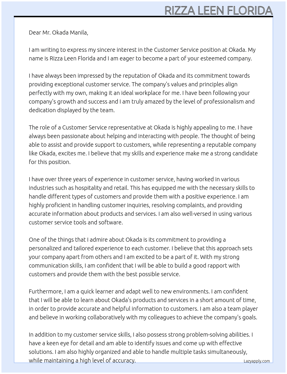 Customer Service At Okada Cover Letter
