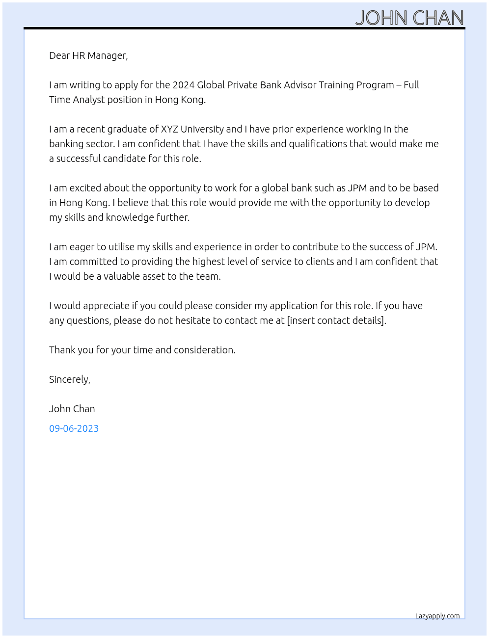 2024 Global Private Bank Advisor Training Program – Full Time Analyst - Hong Kong At JPM Cover Letter