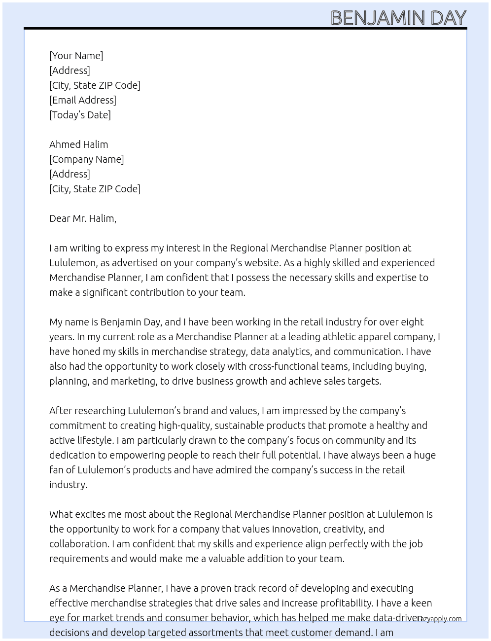 Regional Merchandise Planner At Lululemon Cover Letter