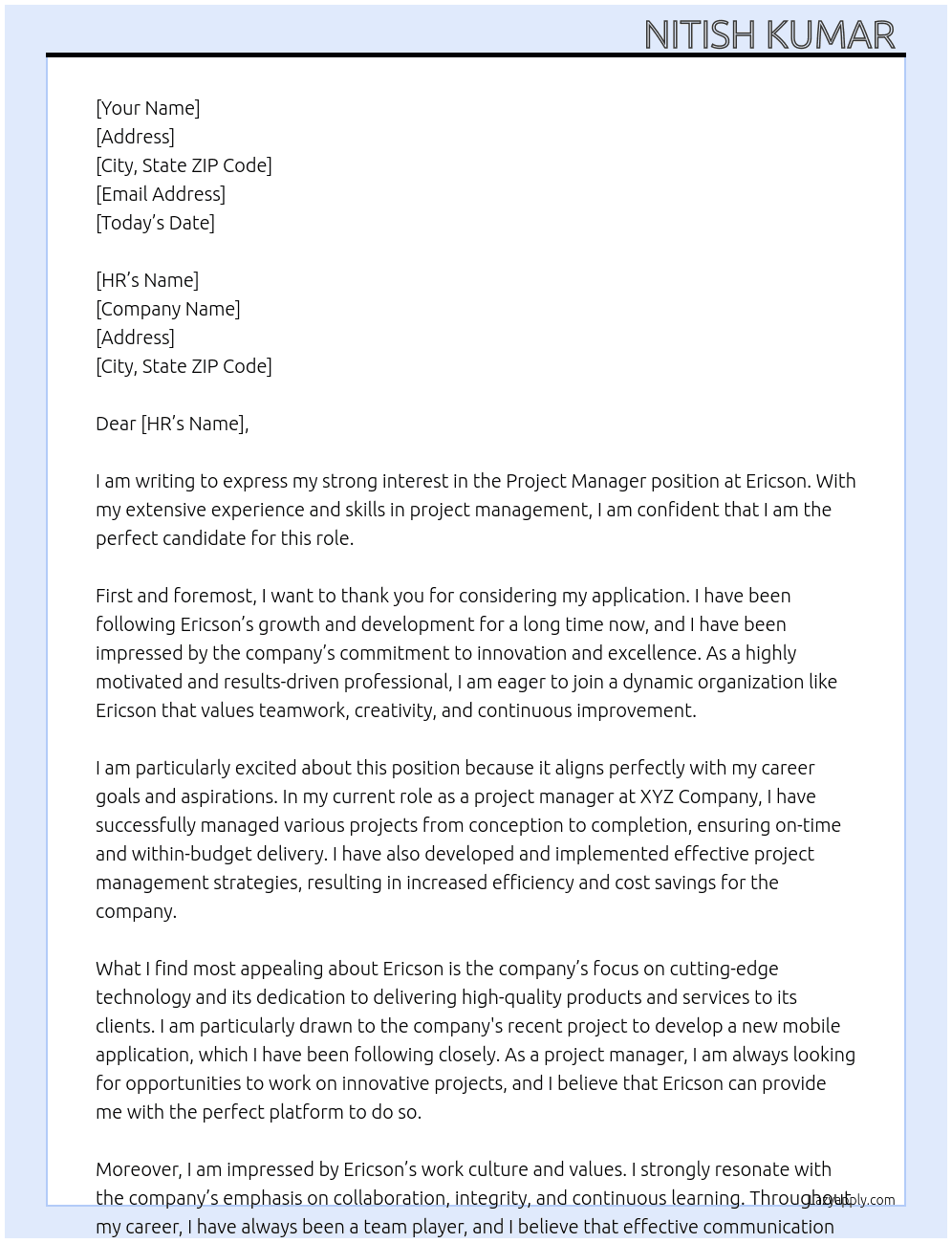 Project manager  At Ericson  Cover Letter