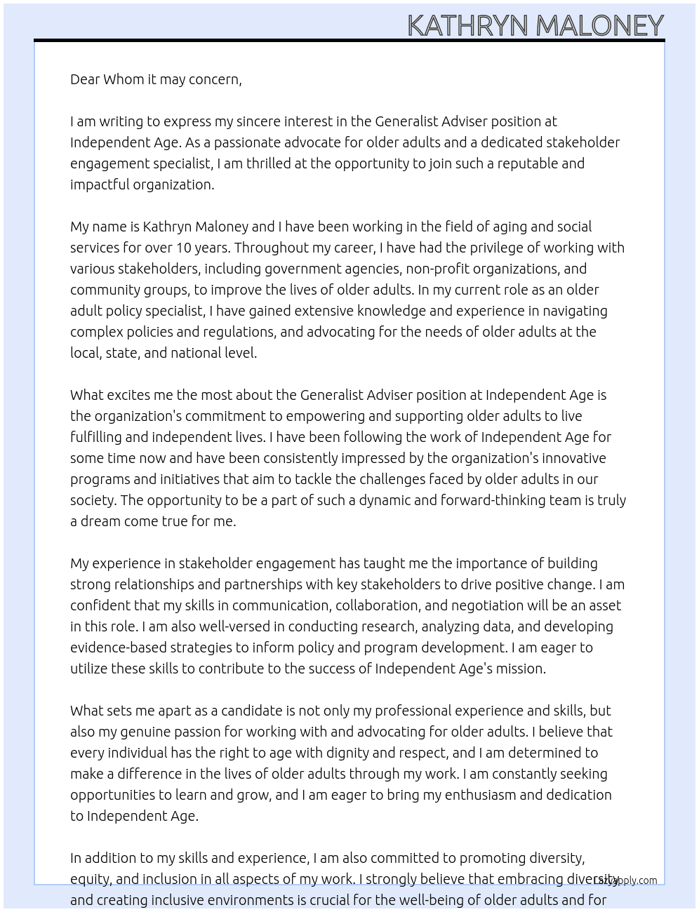 Generalist Adviser At Independent Age Cover Letter