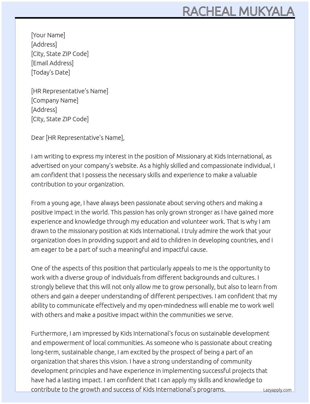 Missionary  At Kids international  Cover Letter