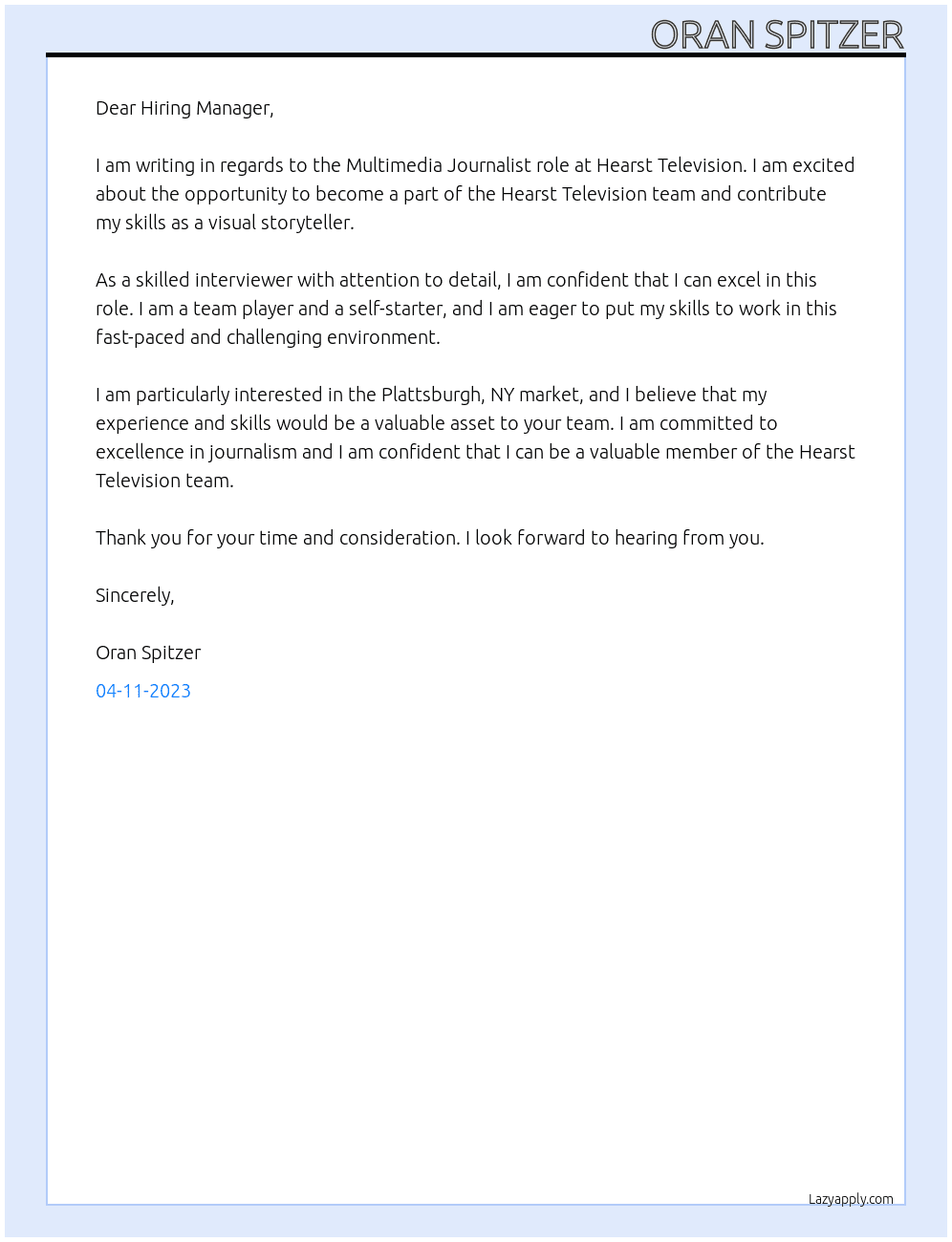 Multimedia Journalist At Hearst Television Cover Letter