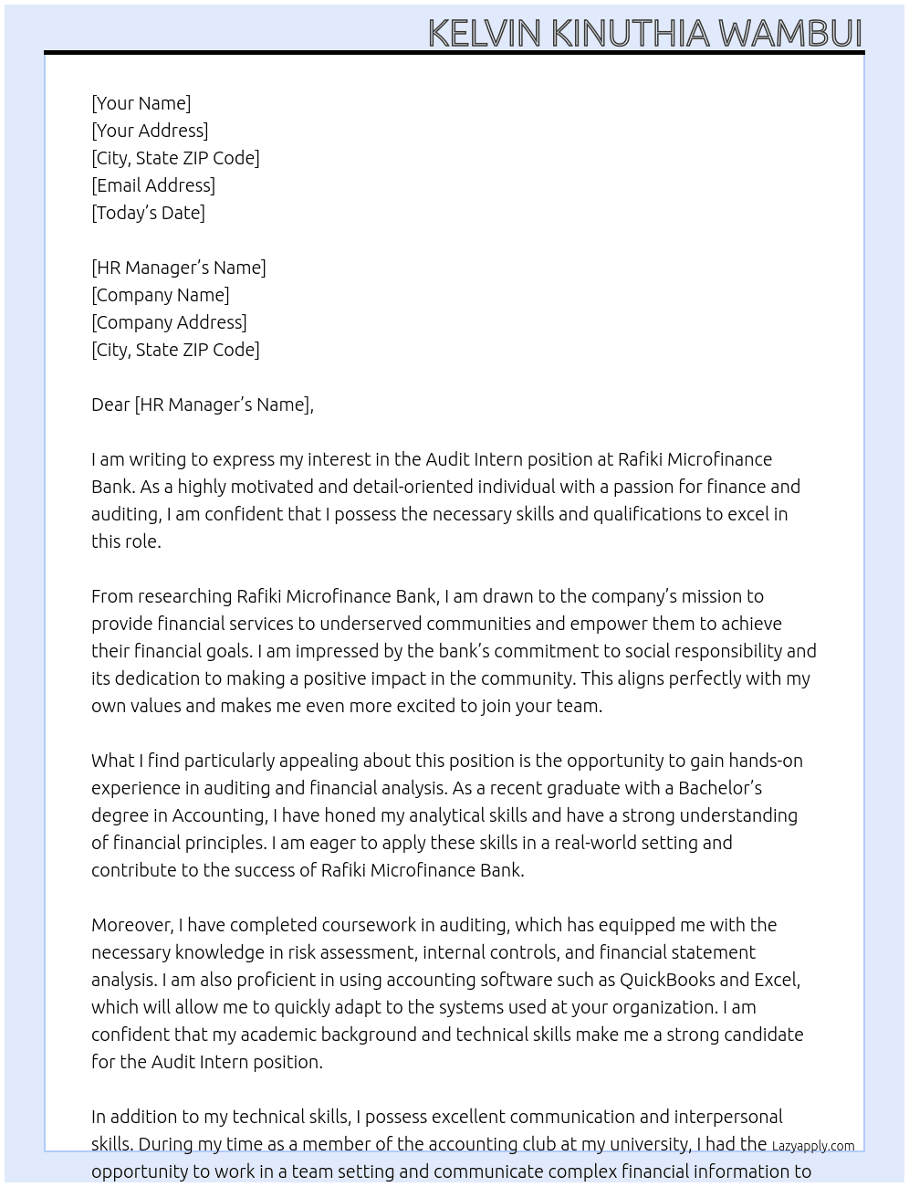 audit intern At rafiki microfinance bank Cover Letter