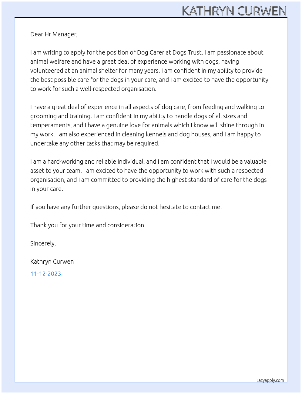 Dog carer At Dogs trust  Cover Letter