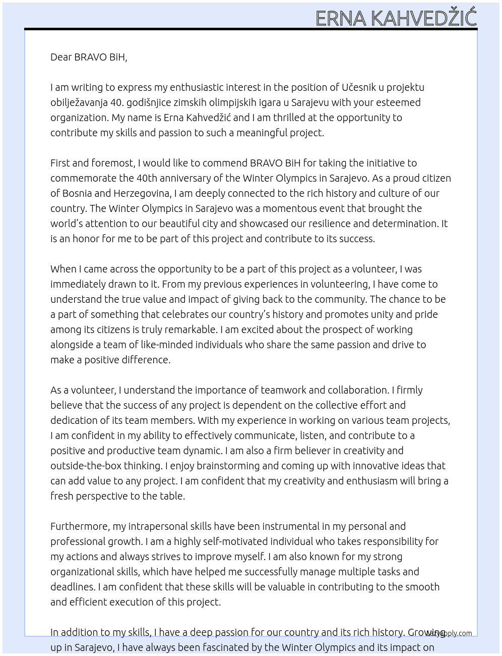 Učesnik u projektu obilježavanja 40. godišnjice zimskih olimpijskih igara u Sarajevu At BRAVO BiH Cover Letter