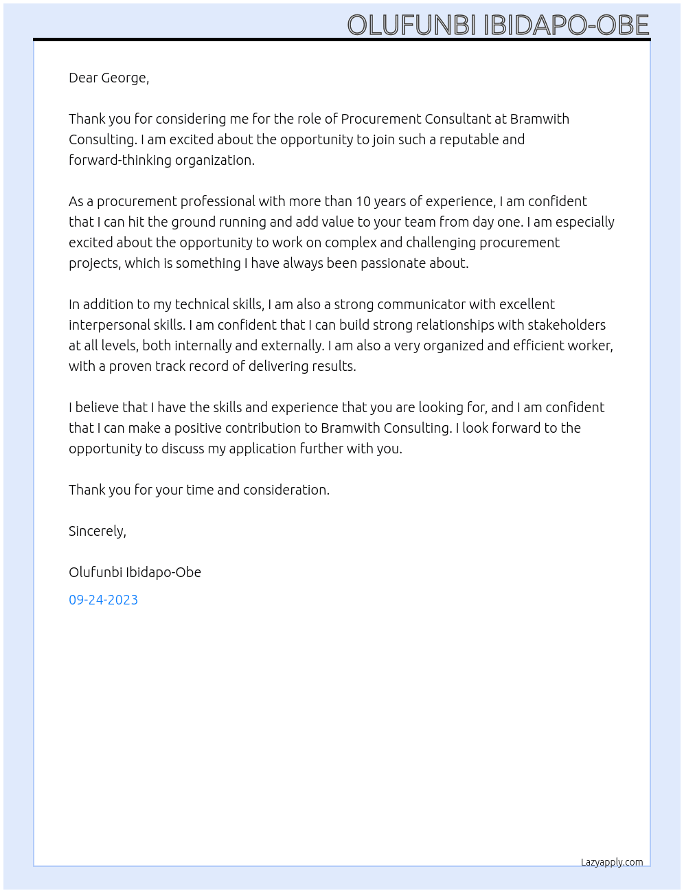 Procurement Consultant At Bramwith Consulting Cover Letter