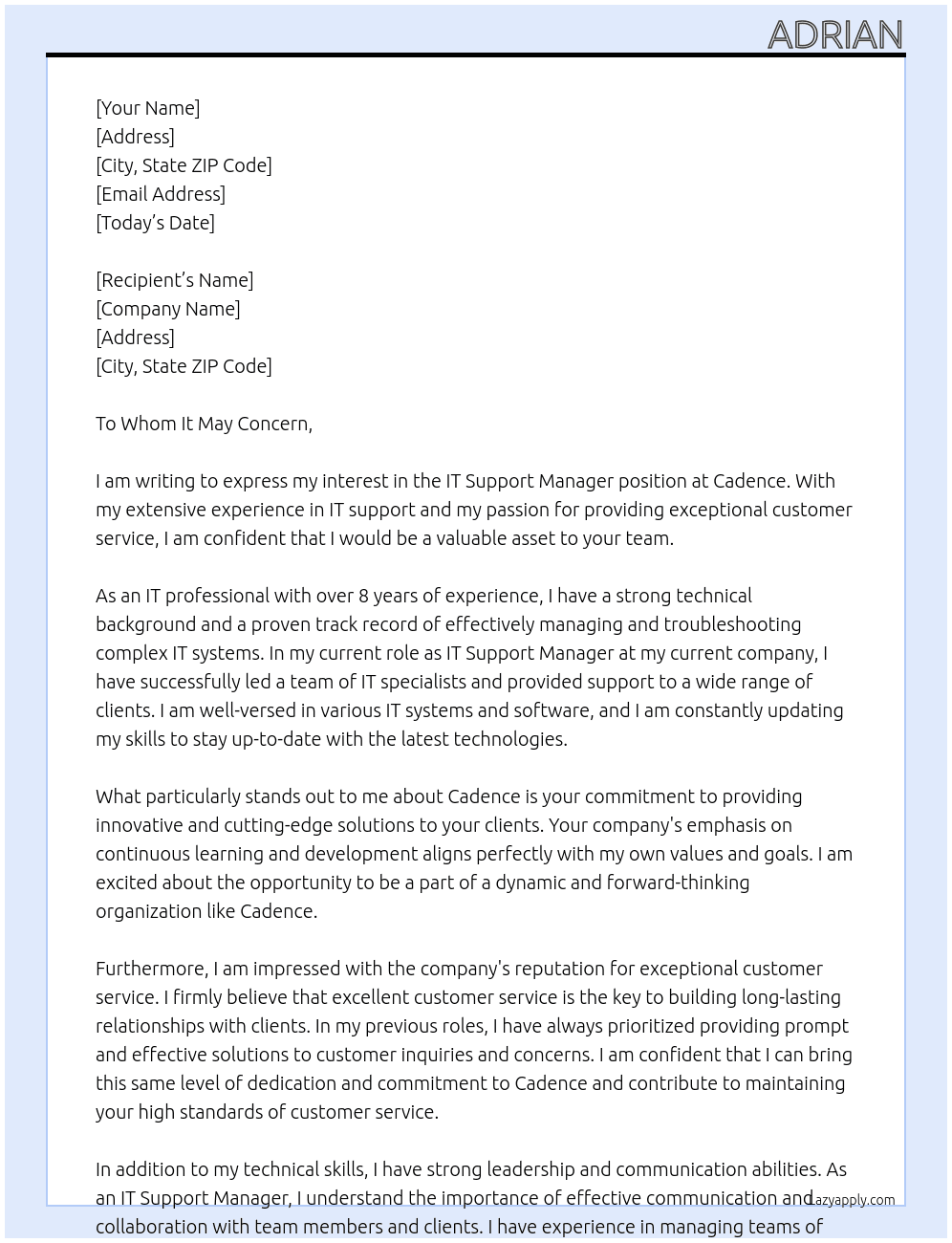 IT Support Manager At Cadence Cover Letter