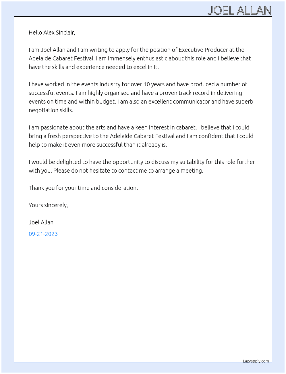 Executive Producer At Adelaide Cabaret Festival Cover Letter