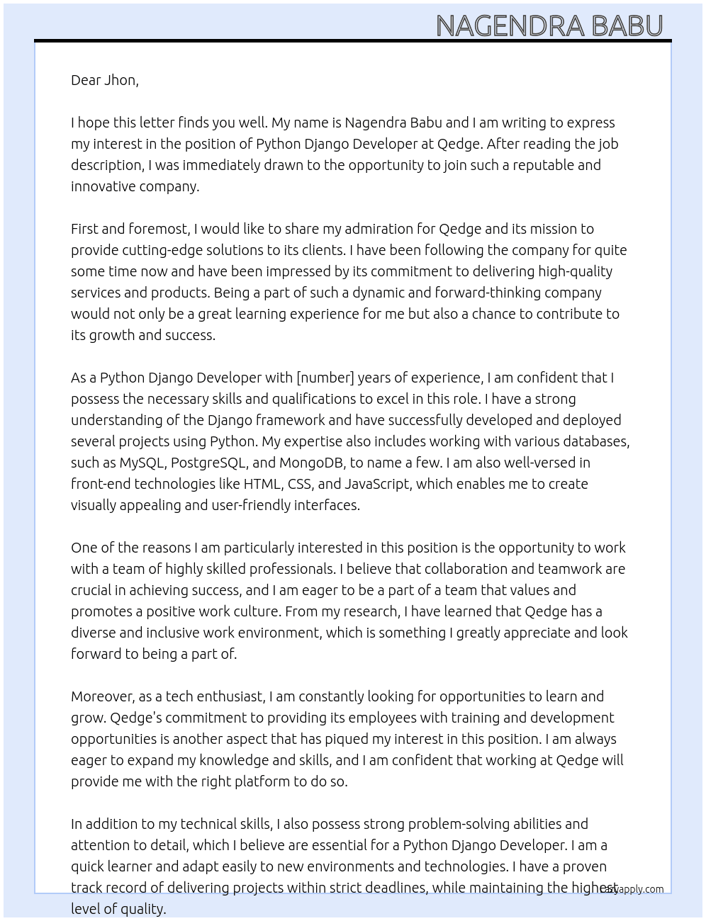 Python Django Deveoper At Qedge Cover Letter