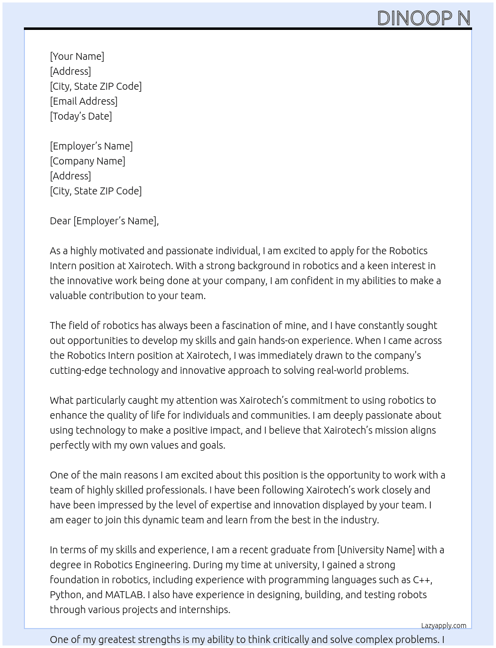 Robotics intern At xairotech Cover Letter
