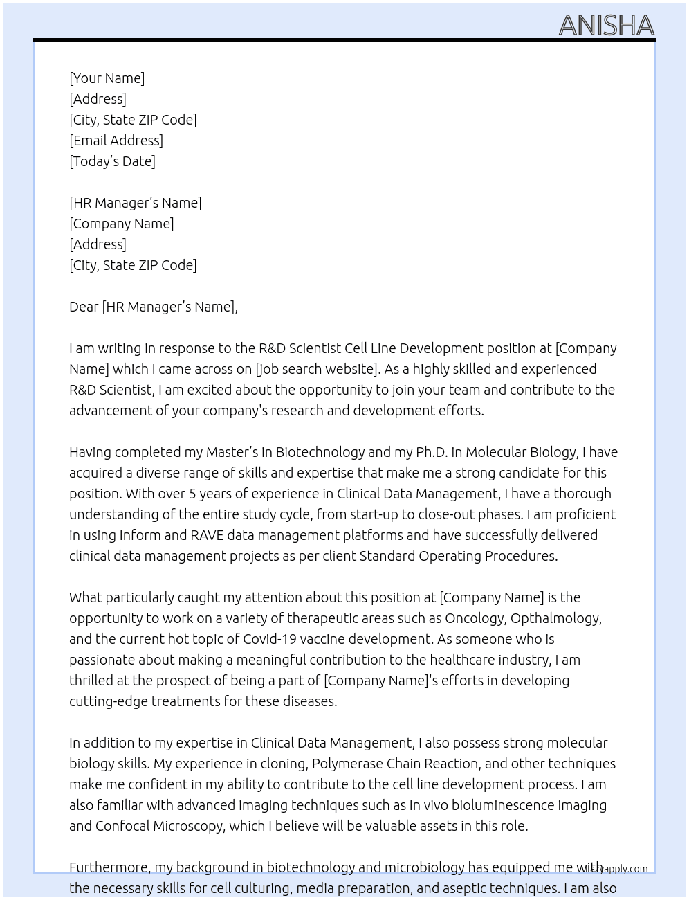 R&D Scientist Cell Line Development At  HIPRA Cover Letter