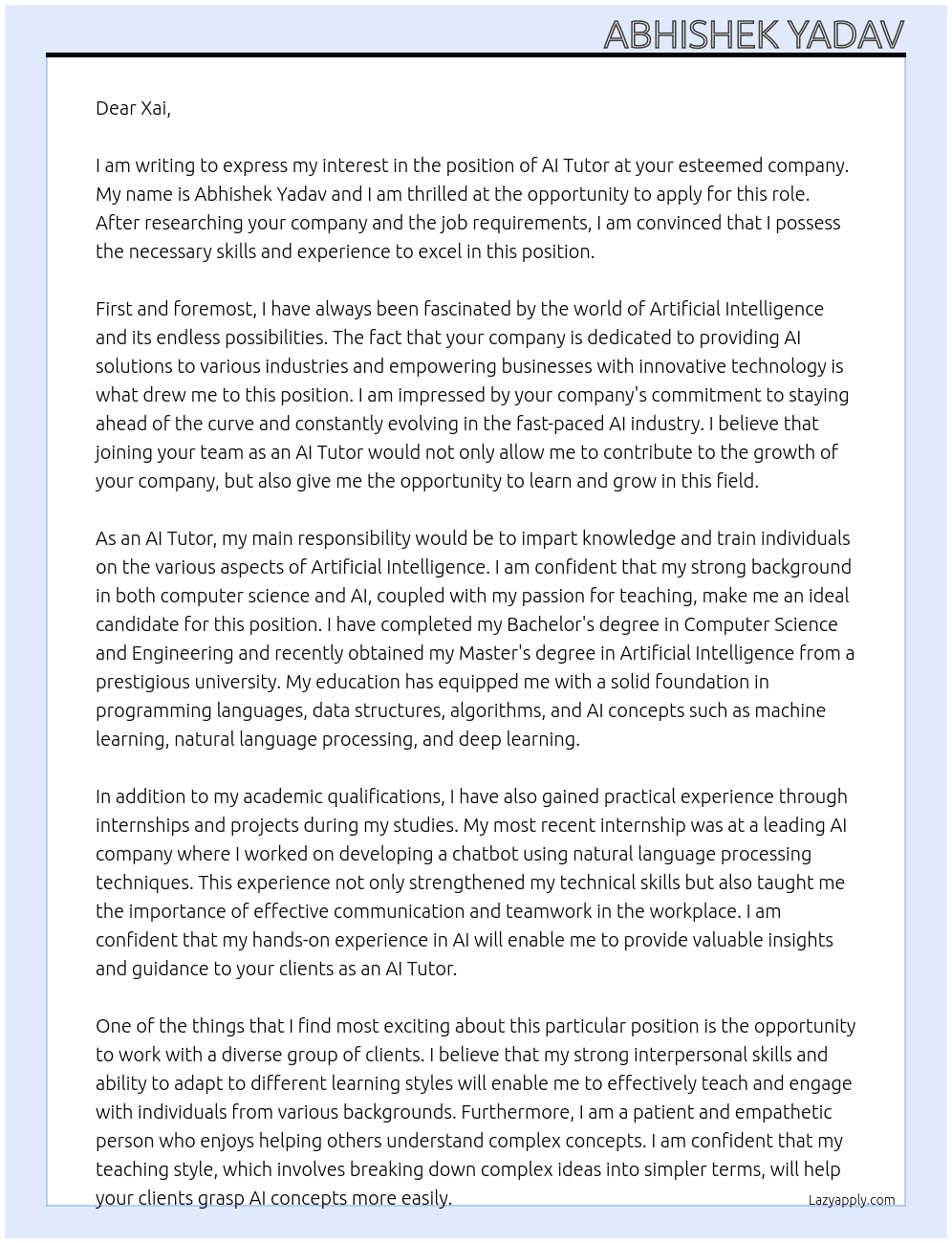 ai tutor At xai Cover Letter