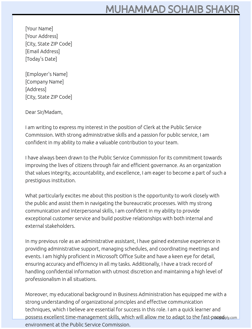Clerk At Public Service Commision Cover Letter
