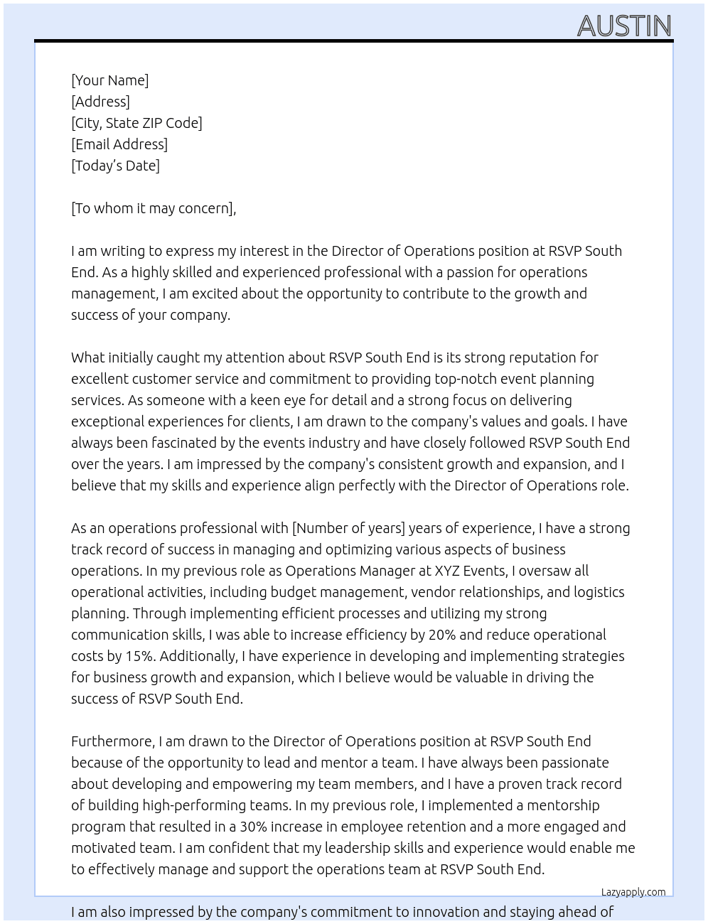 Director of Operations At RSVP South End Cover Letter