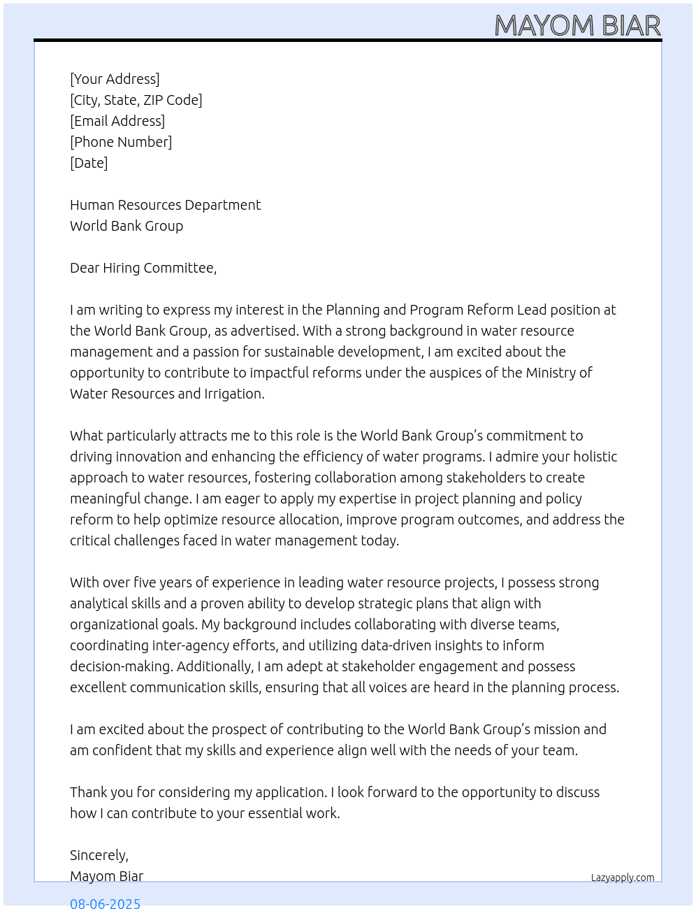 Cover letter for planning and program reform lead - LazyApply