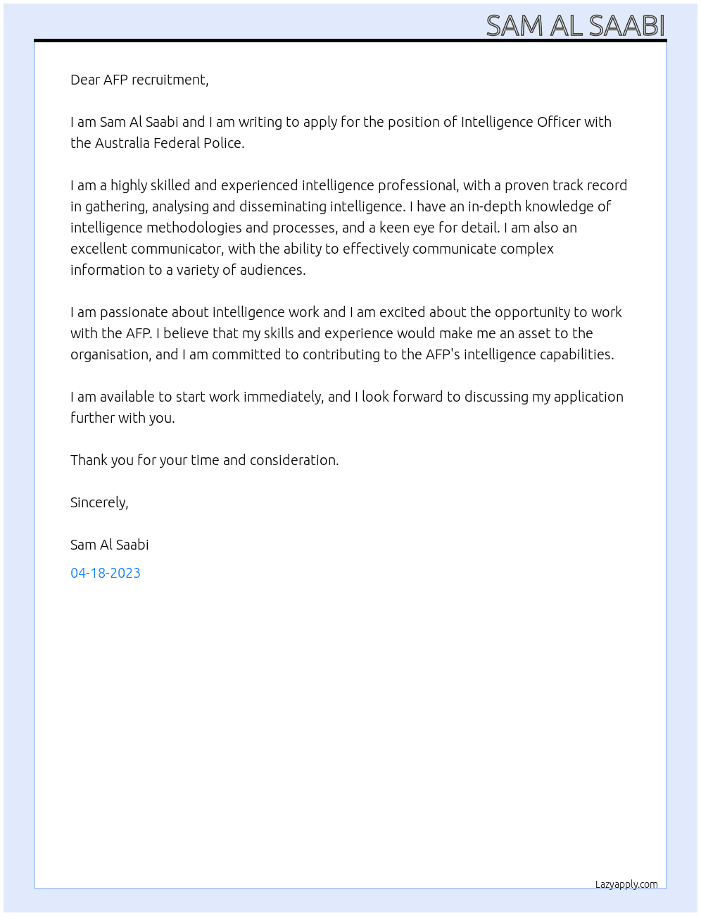 Intelligence Officer At Australia Fedral Police Cover Letter
